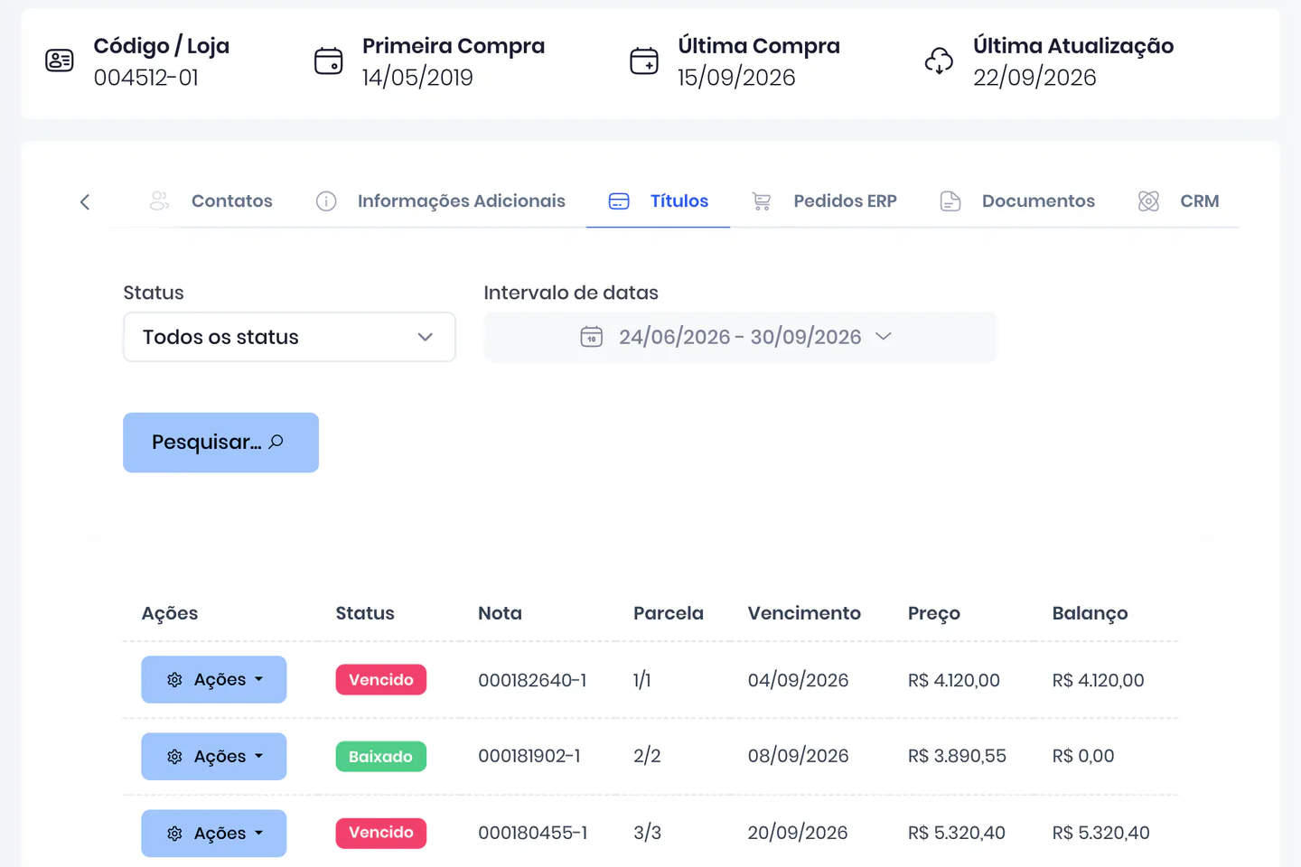 Ficha do cliente no VendaAI com a aba de títulos aberta