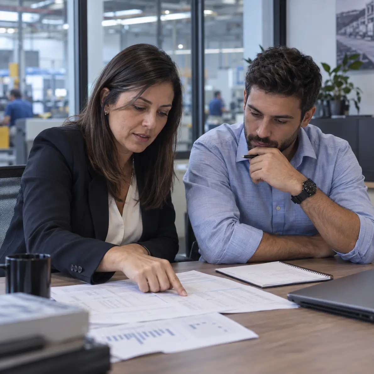 Duas pessoas analisam documentos em uma mesa de escritório