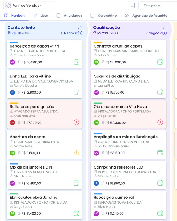 Funil do CRM do VendaAI com negócios em andamento