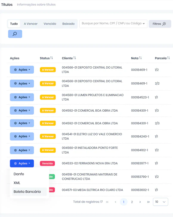 Consulta de títulos do VendaAI, com filtros de títulos a vencer, vencidos e baixados
