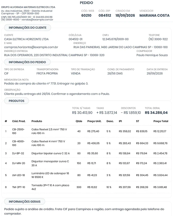 PDF de um pedido gerado pelo VendaAI, com os dados do cliente e do pedido