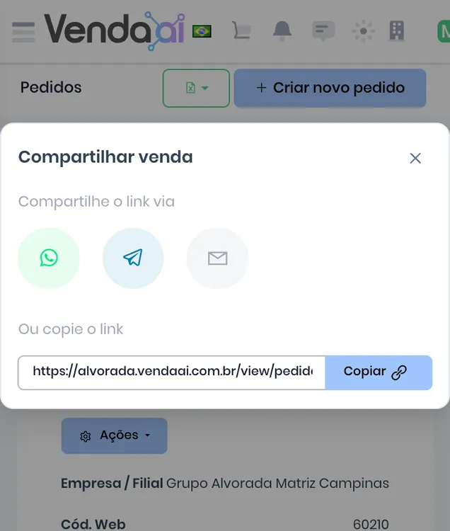 Opções para compartilhar o pedido por WhatsApp, e-mail ou link